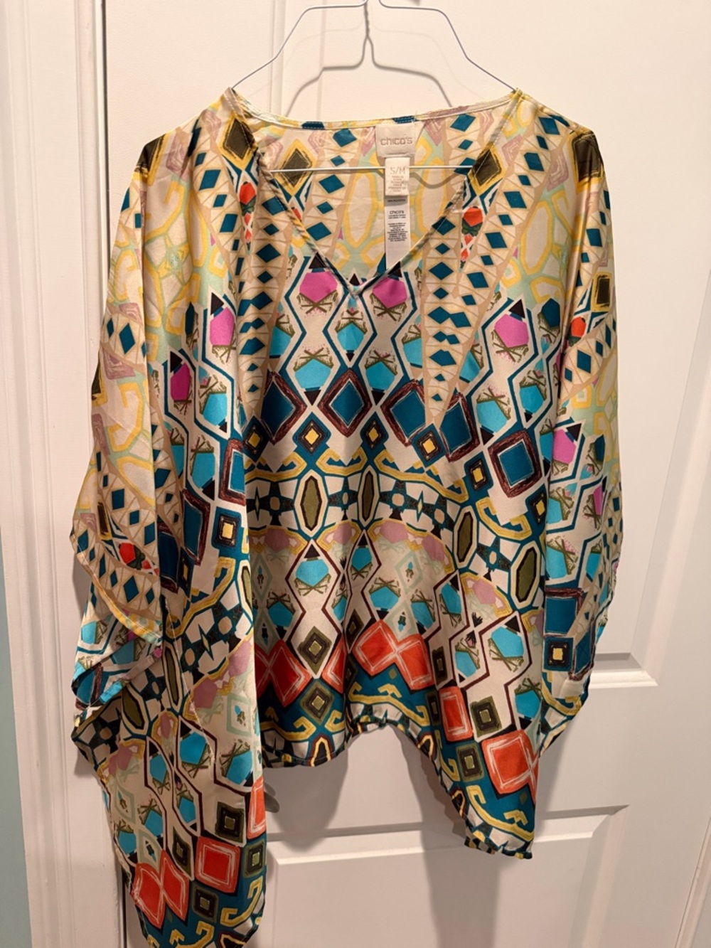 Chico's Multicolor Geometric Silk Poncho with Turquoise & Coral Accents